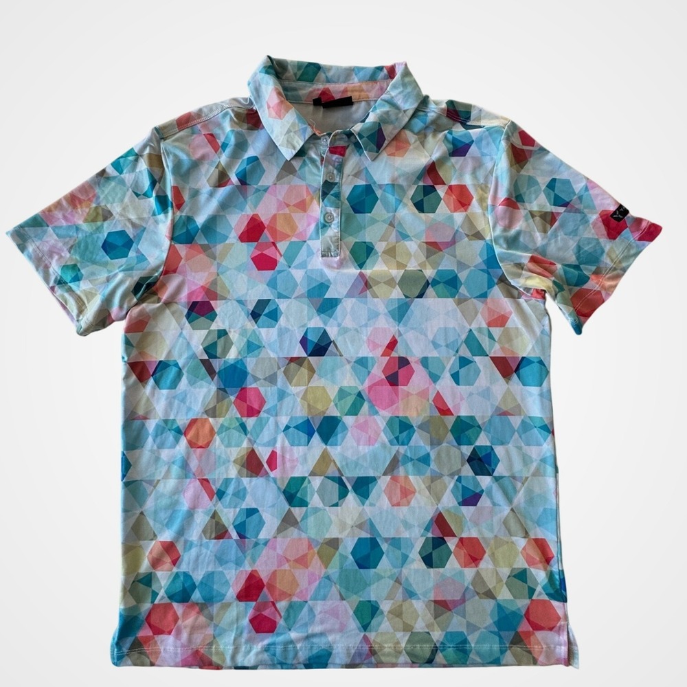 Yatta Golf Mens Large Short Sleeve Polo Shirt Geometric Mosaic Print Multicolor